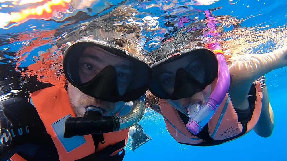 happy couple snorkelling happy couple snorkelling with whale sharks
